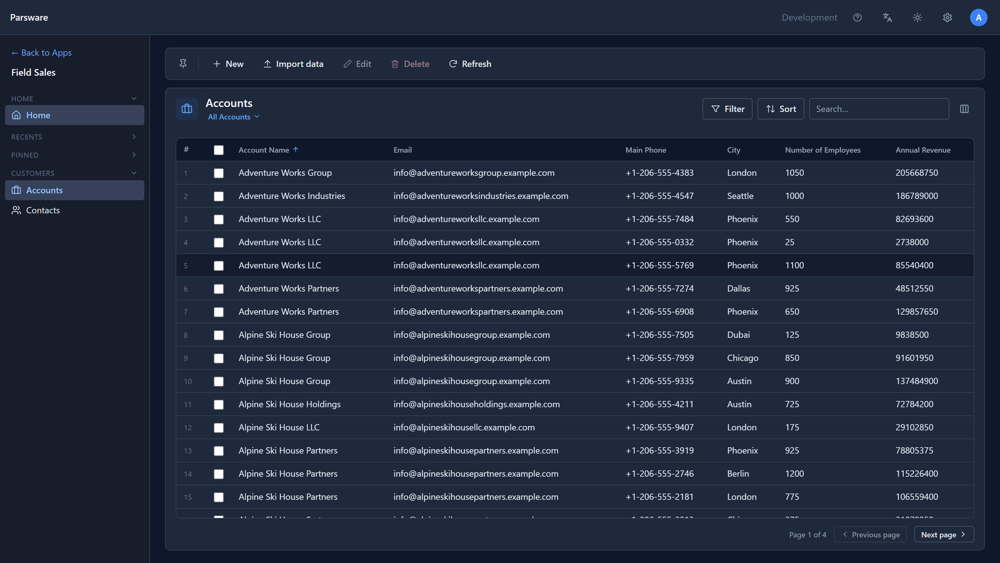 An Accounts view in a model-driven app: a grid of accounts with filter, sort and search, and the app’s navigation down the side