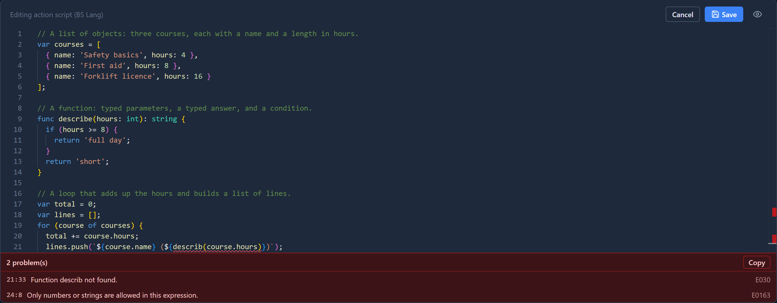 The BS Lang editor with a short script, and a problems panel naming two mistakes by line and column