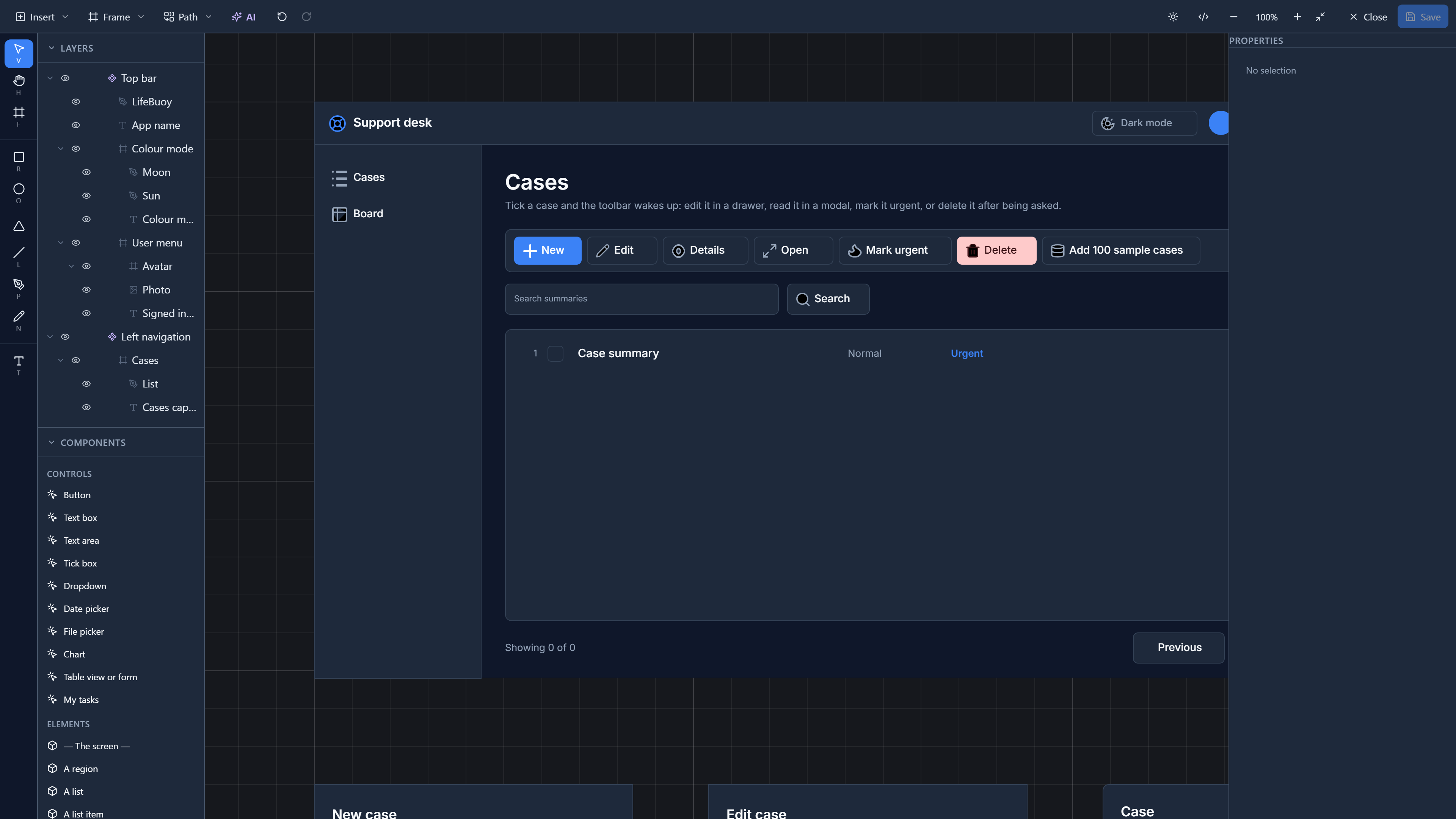 The Graphic Designer: layers and components down the left, a support desk screen on the canvas, and properties on the right