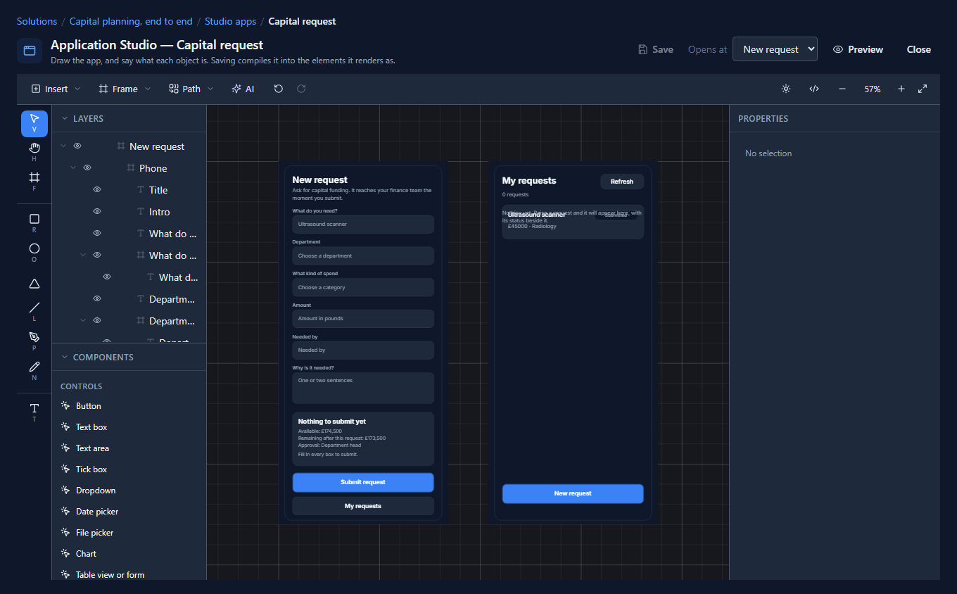 The Application Studio with a capital request app: two phone-sized screens, New request and My requests, drawn on the canvas
