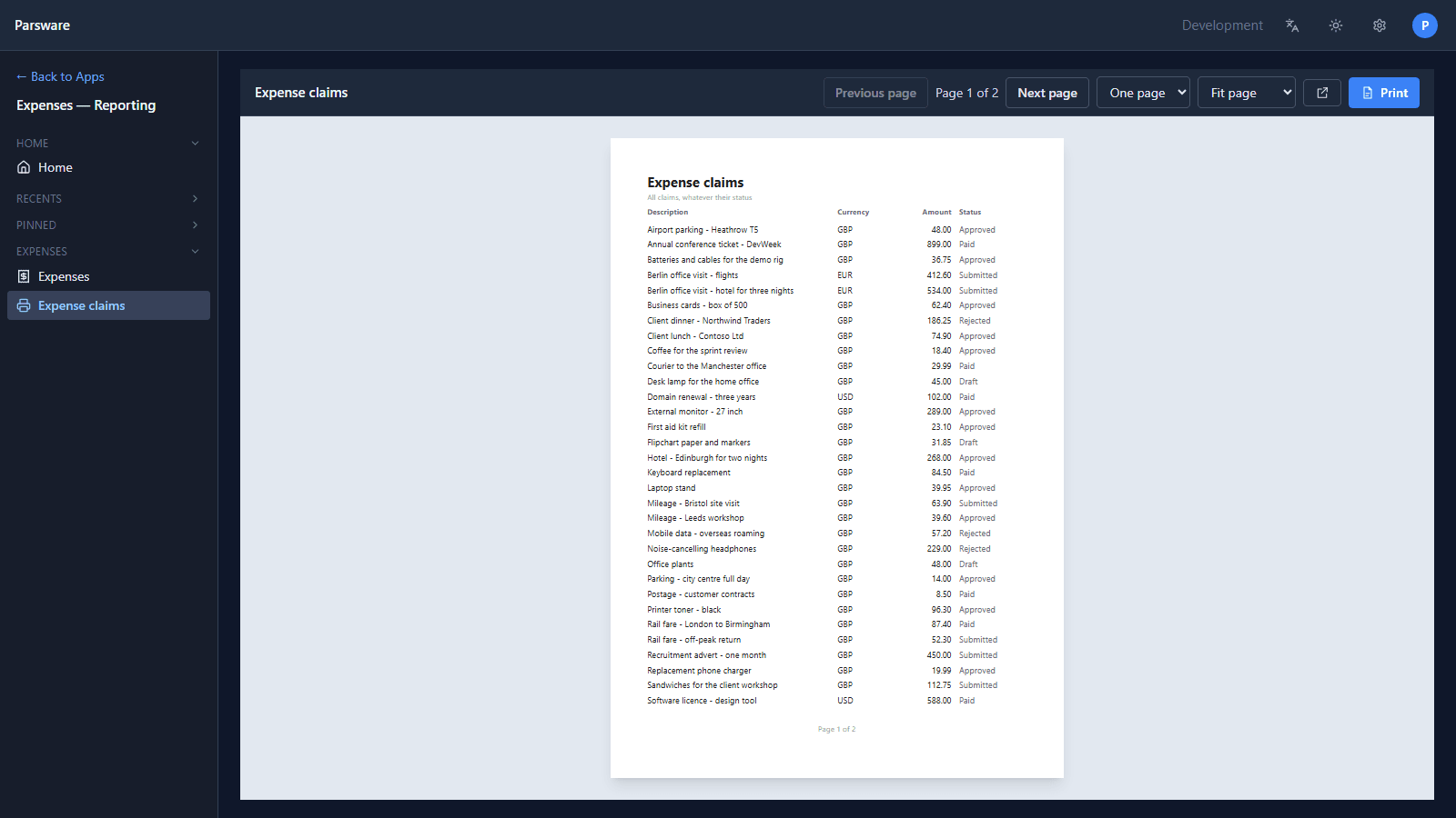 An expense claims report open in an app, shown page by page as it will print
